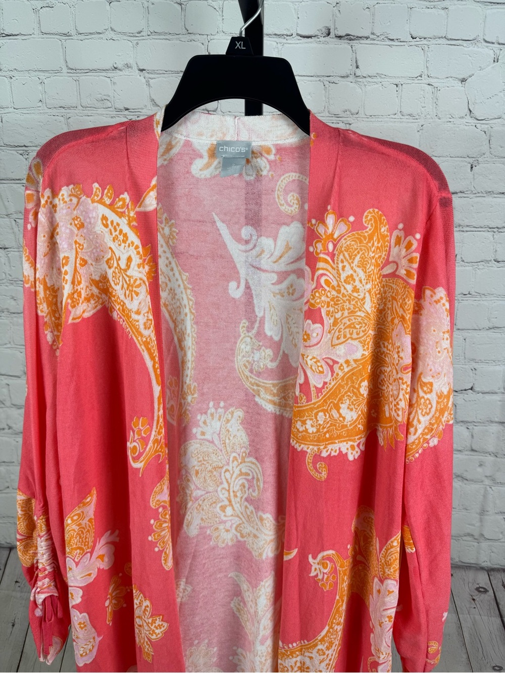 Chico's Coastal Calypso Coral Paisley Duster Open Front Cardigan Knit Size Large - Picture 3 of 7